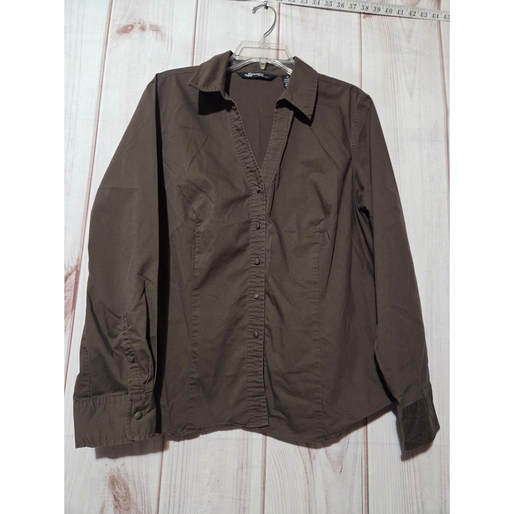 Sharagano Studio Brown Button Down Shirt Womens XL Long‎ Sleeve Stretch V-Neck